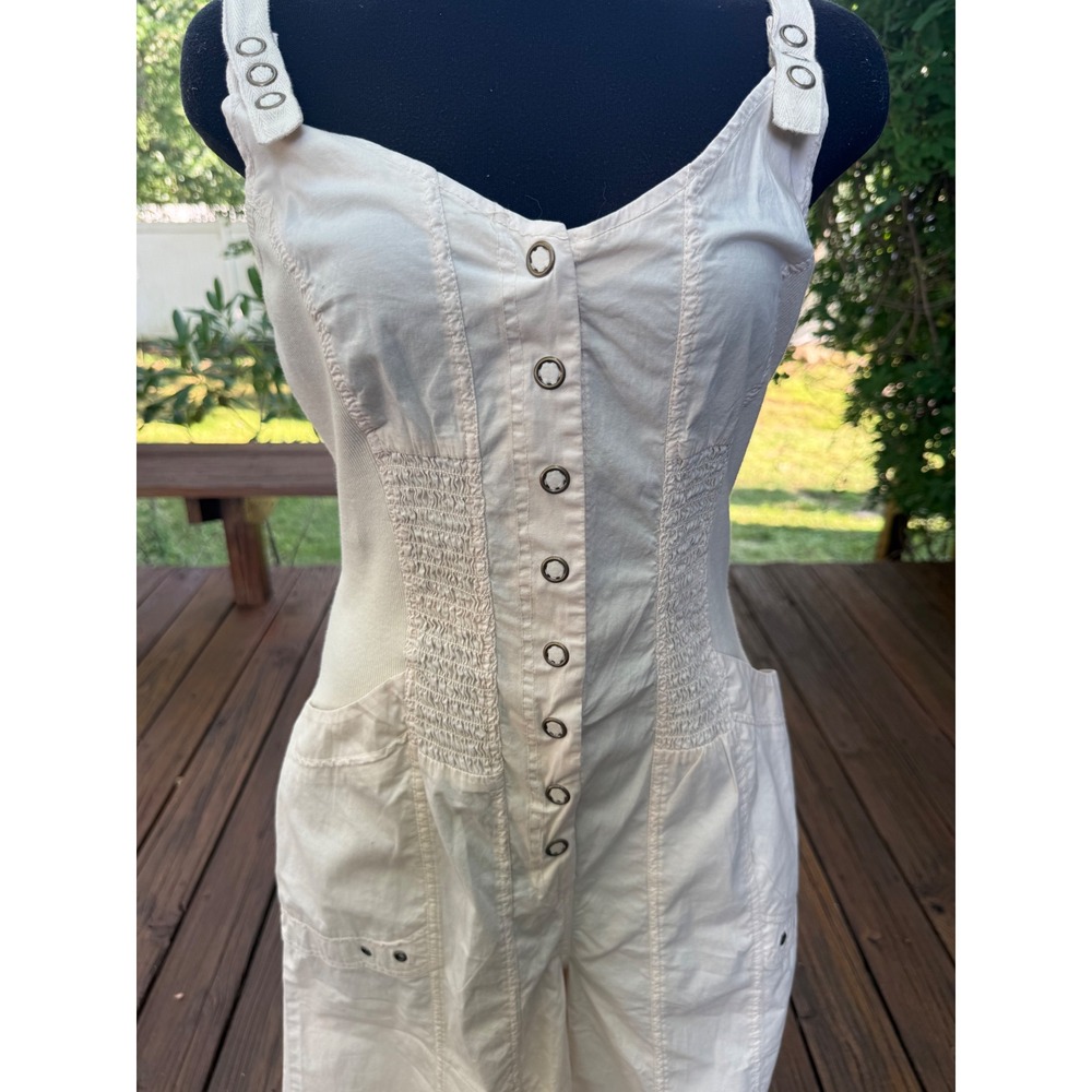 Cream Button Front Smocked Waist Utility Jumpsuit Wide Leg Sleeveless Cream
